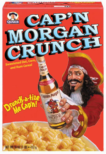 A bowl of Cap'n Morgan Crunch with a tumbler of Rum and milk is part of a 